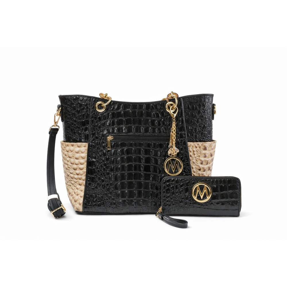 MIA K | Faux Croc Black Tote + Wallet Set | Vegan Leather | Gold‎ Hardware - NEW
